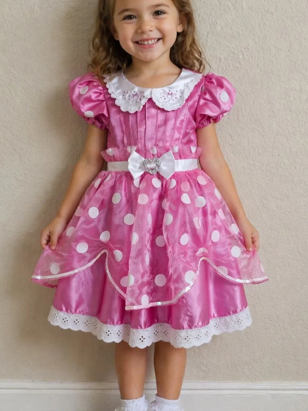 Disney Minnie Mouse Pink Polka Dot Costume Dress Size 4 Rhinestone Bow‎ Lace